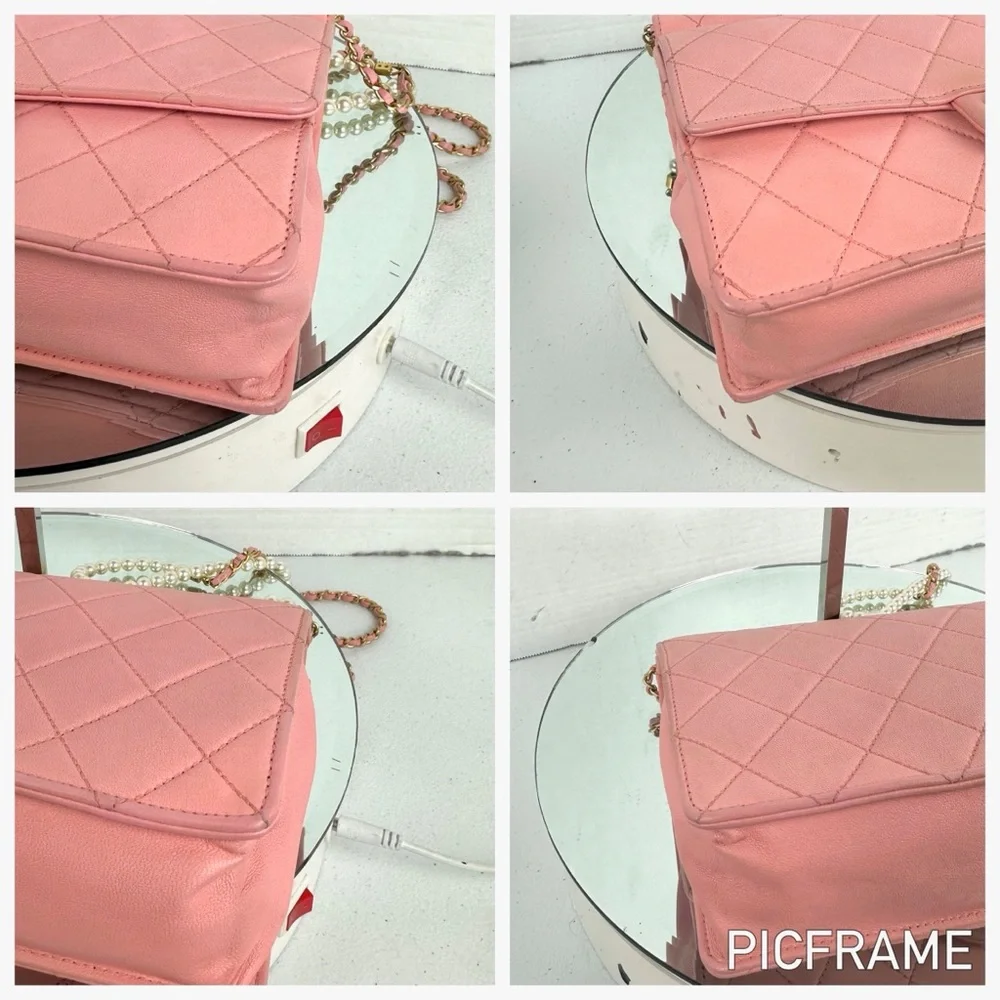 CHANEL Pink Quilted Lambskin Flap Bag with Pearl-Accented Chain